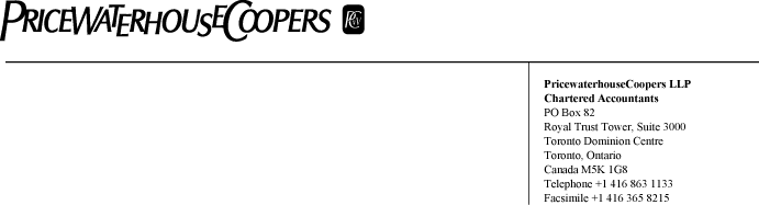 (PRICEWATERHOUSECOOPERS LETTERHEAD)